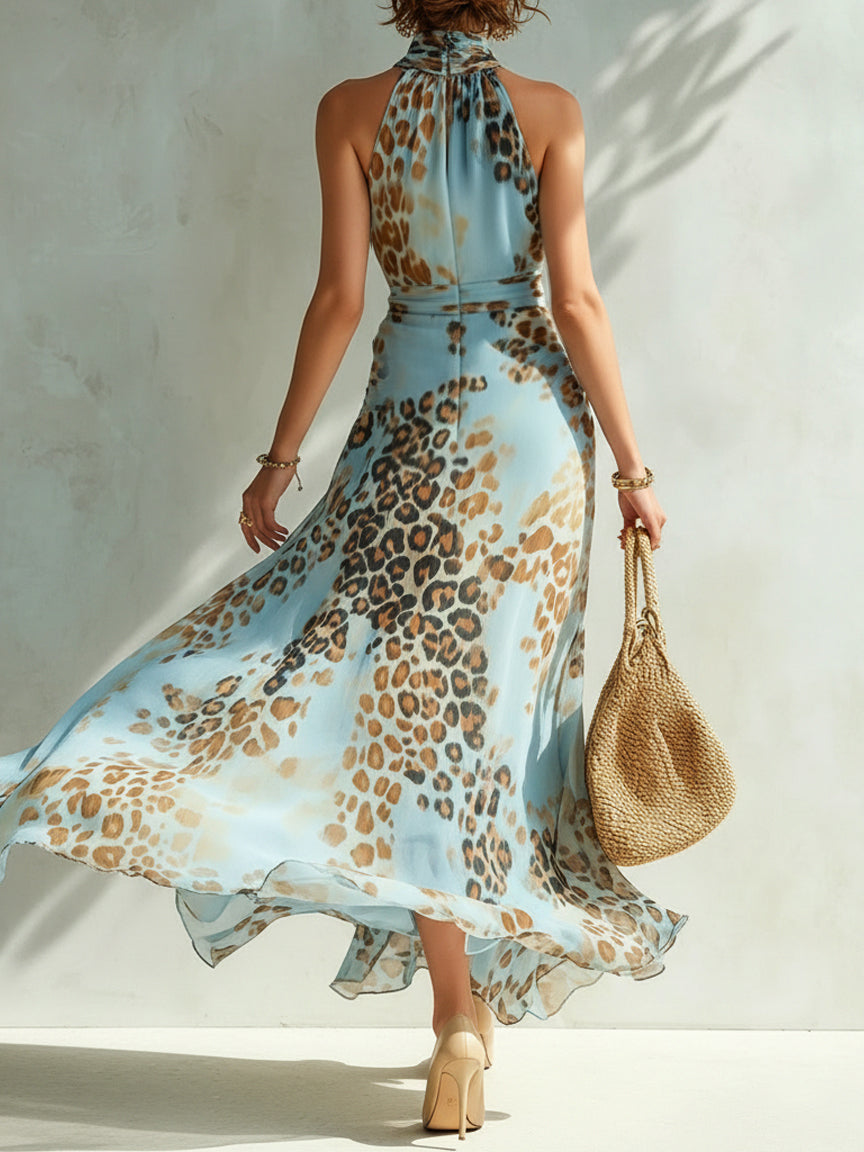 Theia Leopard Breeze Halter Maxi Dress