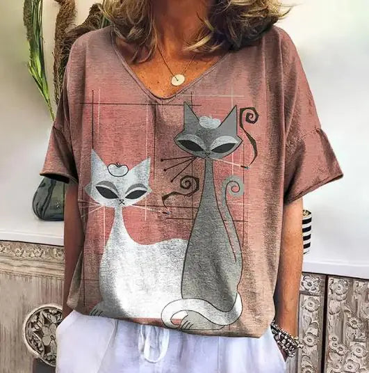 ADRIANE™ SUMMER SHORT SLEEVE SHIRT WITH KITTEN GRAPHIC