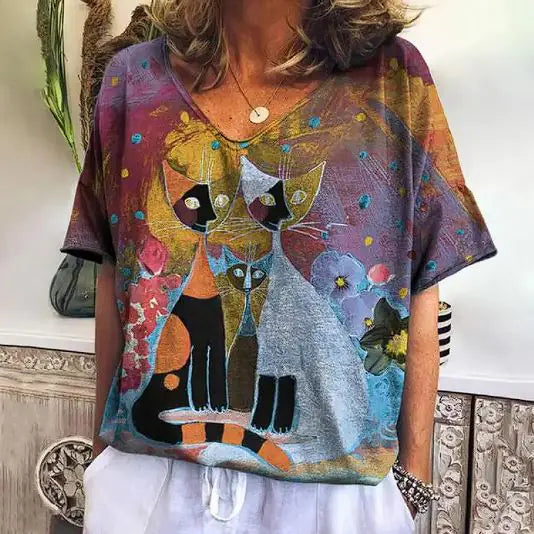 ADRIANE™ SUMMER SHORT SLEEVE SHIRT WITH KITTEN GRAPHIC