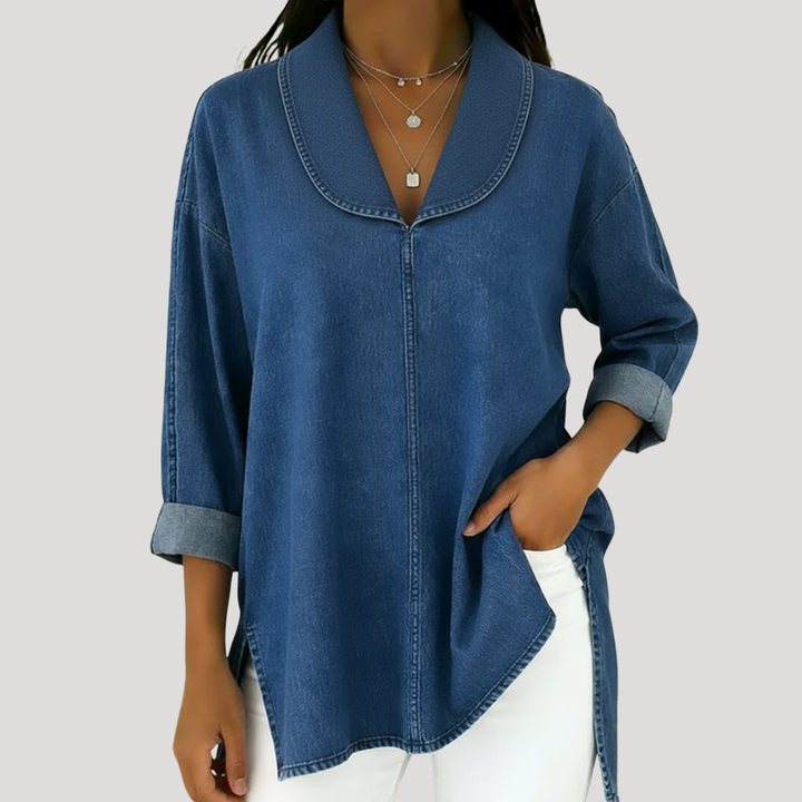Camille Faux Denim Shawl Collar Blouse