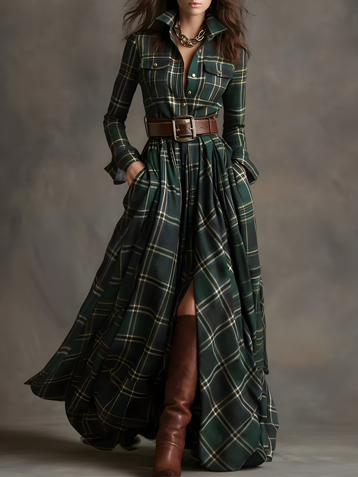 Elara Plaid Button-Front Maxi Dress