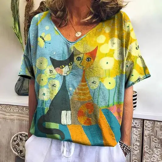 ADRIANE™ SUMMER SHORT SLEEVE SHIRT WITH KITTEN GRAPHIC