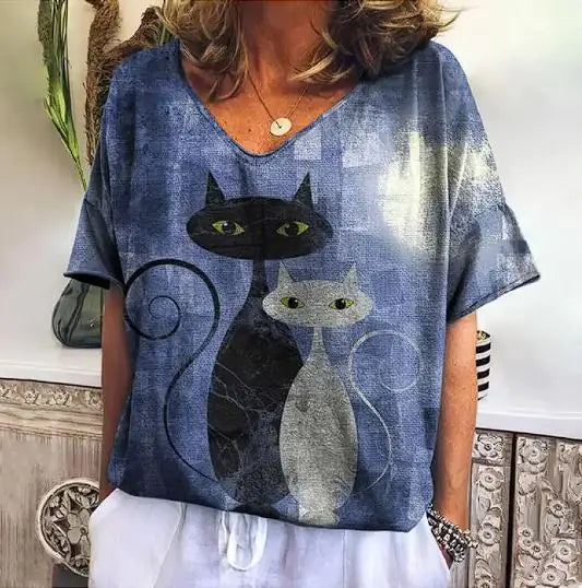 ADRIANE™ SUMMER SHORT SLEEVE SHIRT WITH KITTEN GRAPHIC