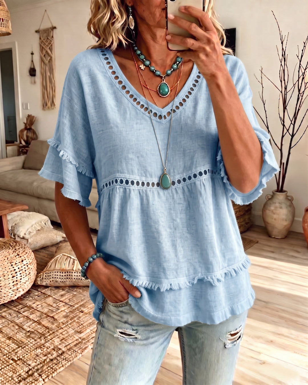 Elowyn Boho Fringe V-Neck Blouse