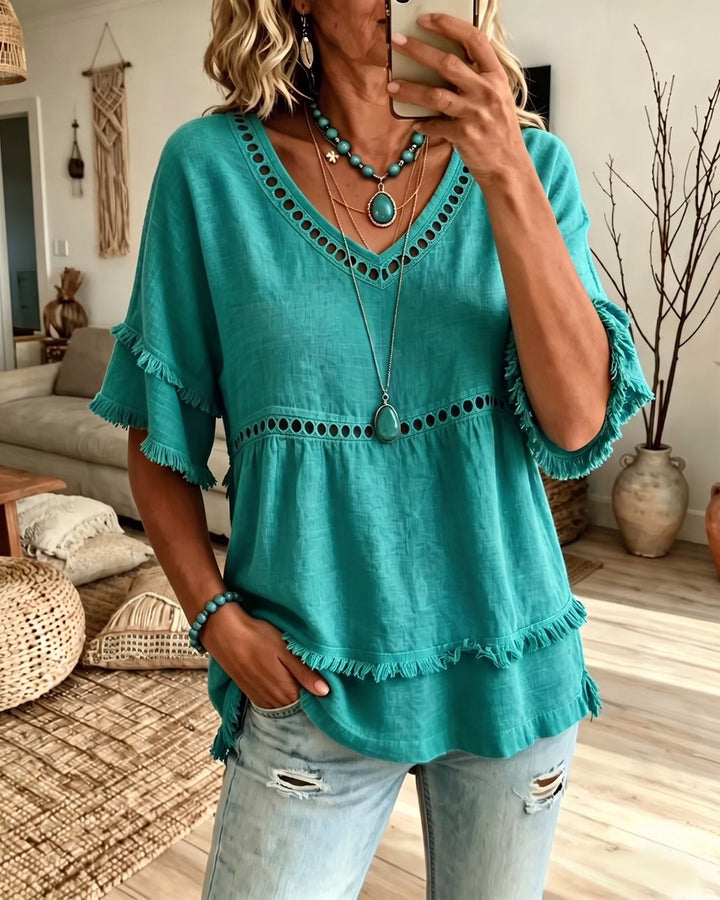 Elowyn Boho Fringe V-Neck Blouse