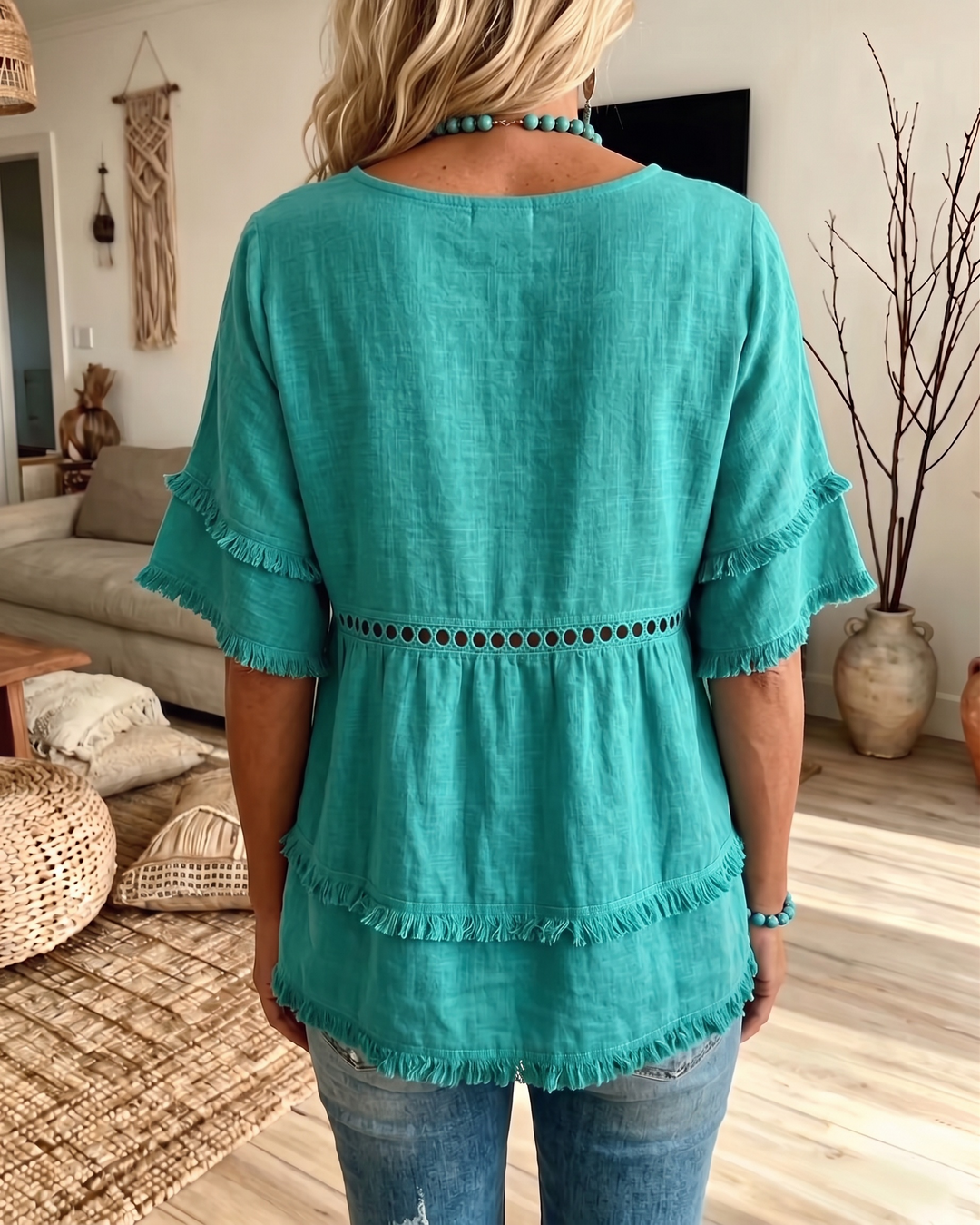 Elowyn Boho Fringe V-Neck Blouse