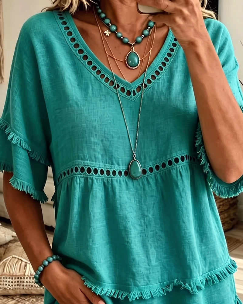 Elowyn Boho Fringe V-Neck Blouse