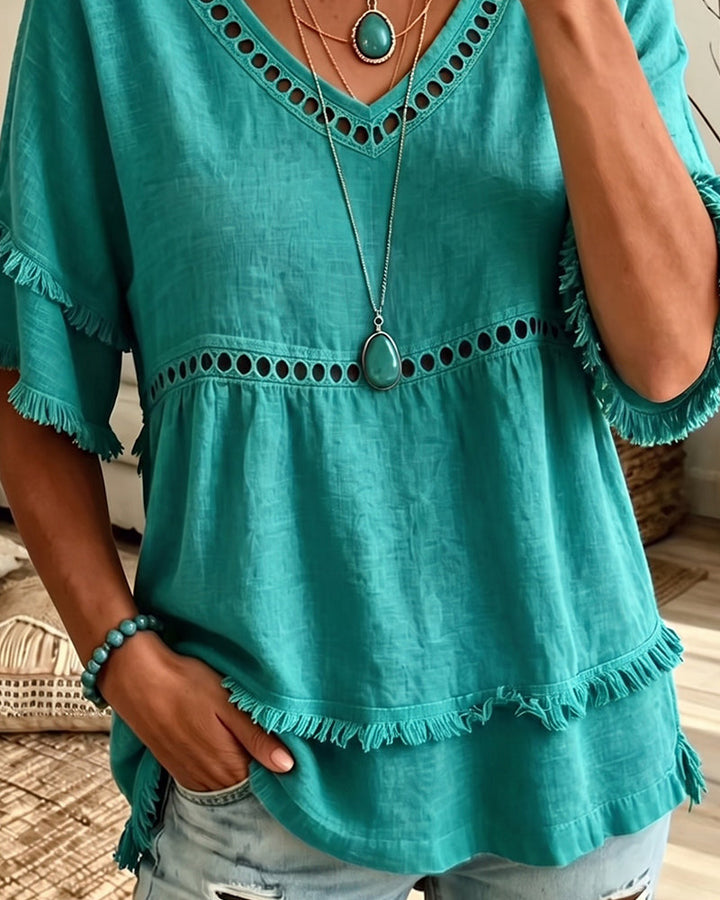 Elowyn Boho Fringe V-Neck Blouse