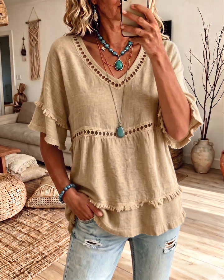 Elowyn Boho Fringe V-Neck Blouse