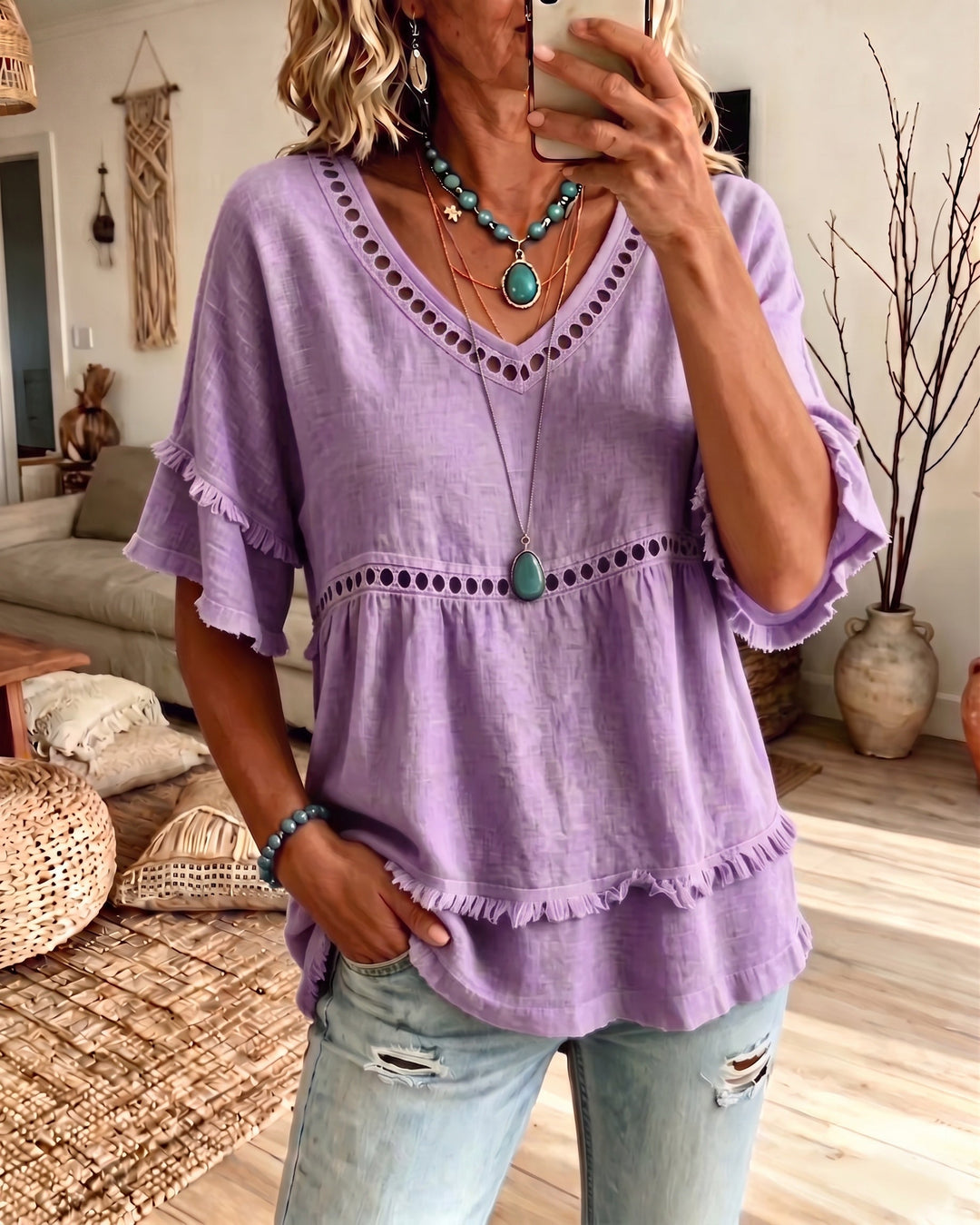 Elowyn Boho Fringe V-Neck Blouse