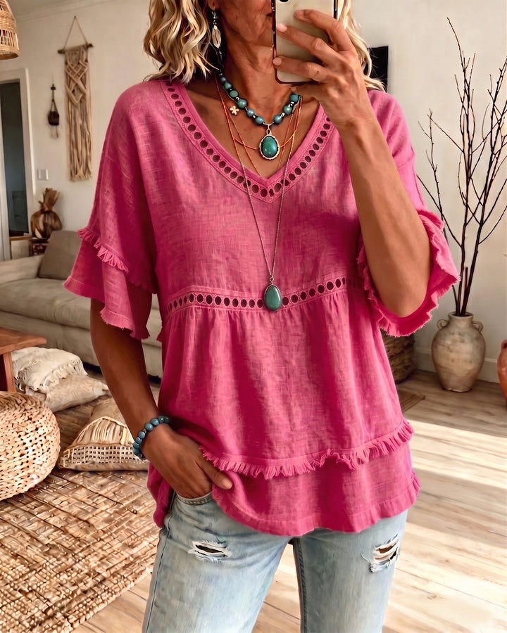 Elowyn Boho Fringe V-Neck Blouse