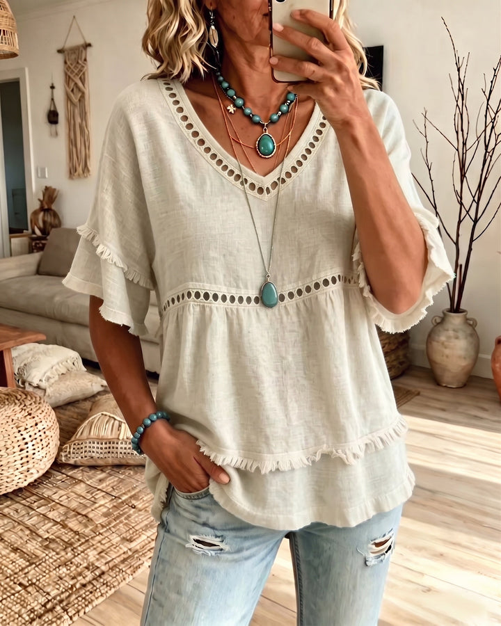 Elowyn Boho Fringe V-Neck Blouse