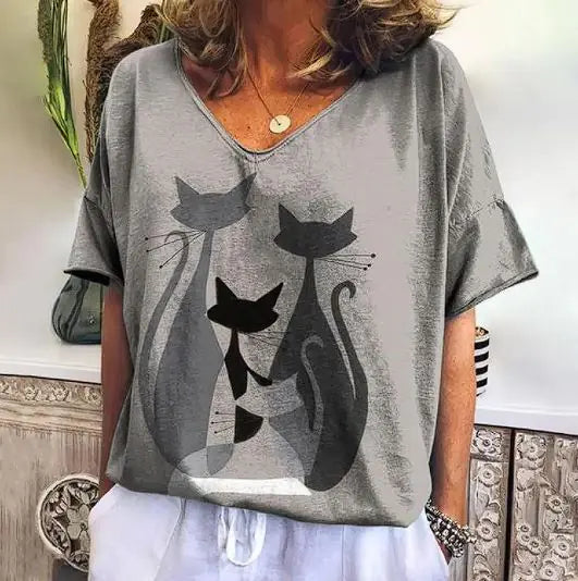 ADRIANE™ SUMMER SHORT SLEEVE SHIRT WITH KITTEN GRAPHIC