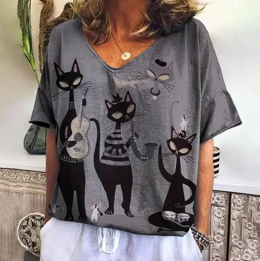 ADRIANE™ SUMMER SHORT SLEEVE SHIRT WITH KITTEN GRAPHIC