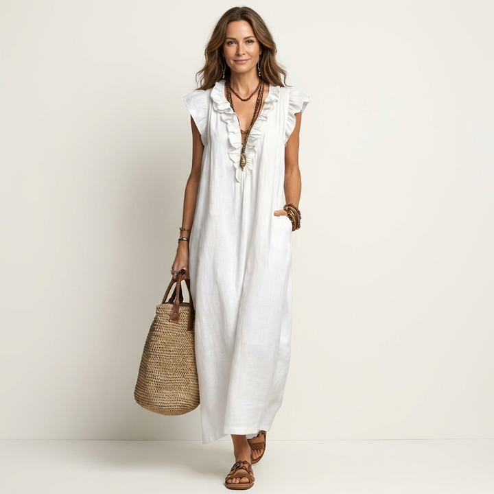 Amina Ruffle V-Neck Linen Maxi Dress
