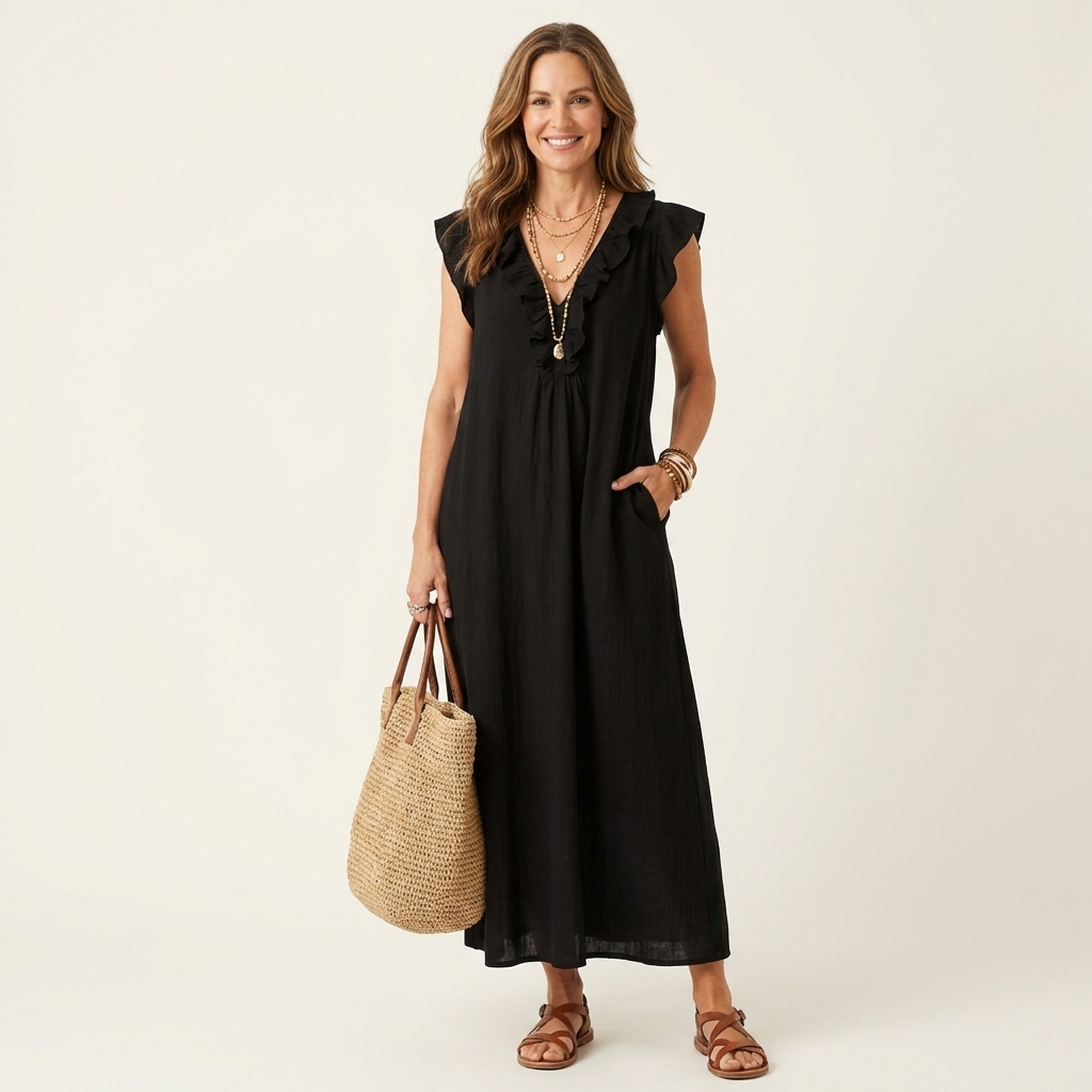 Amina Ruffle V-Neck Linen Maxi Dress