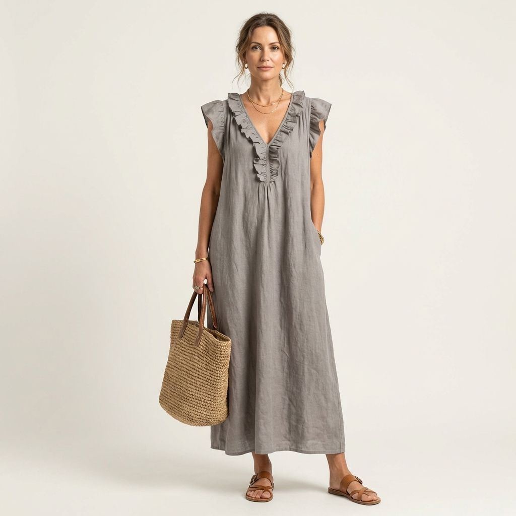 Amina Ruffle V-Neck Linen Maxi Dress