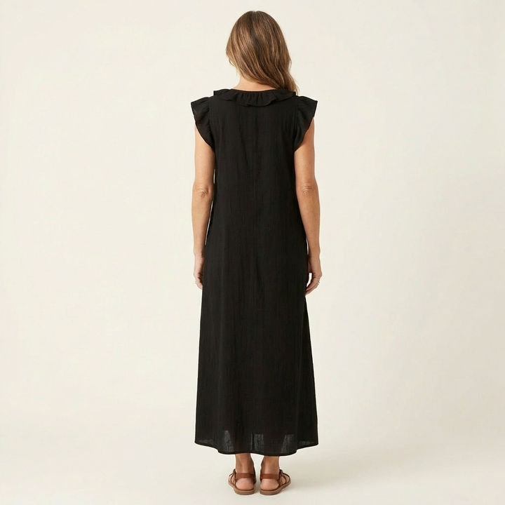 Amina Ruffle V-Neck Linen Maxi Dress