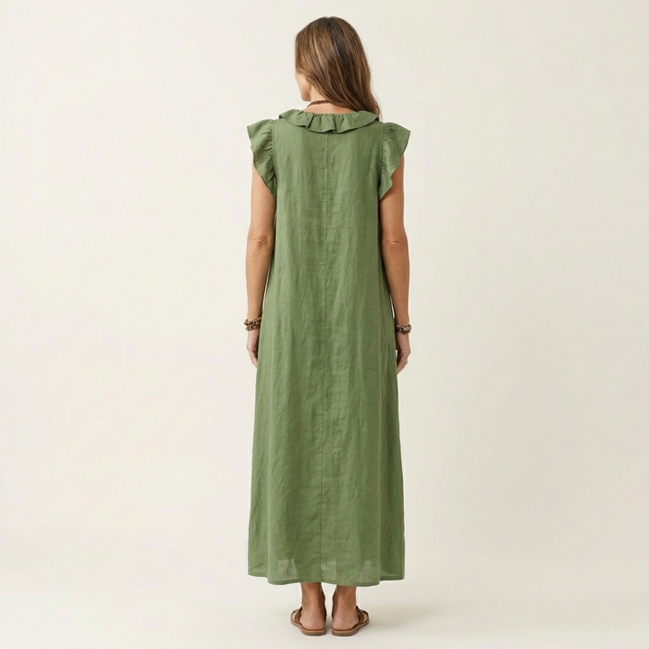 Amina Ruffle V-Neck Linen Maxi Dress