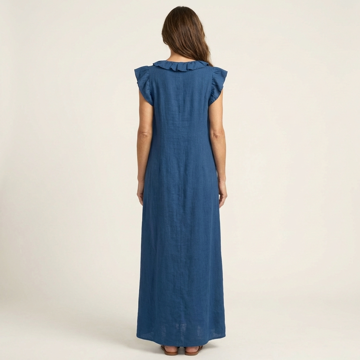 Amina Ruffle V-Neck Linen Maxi Dress