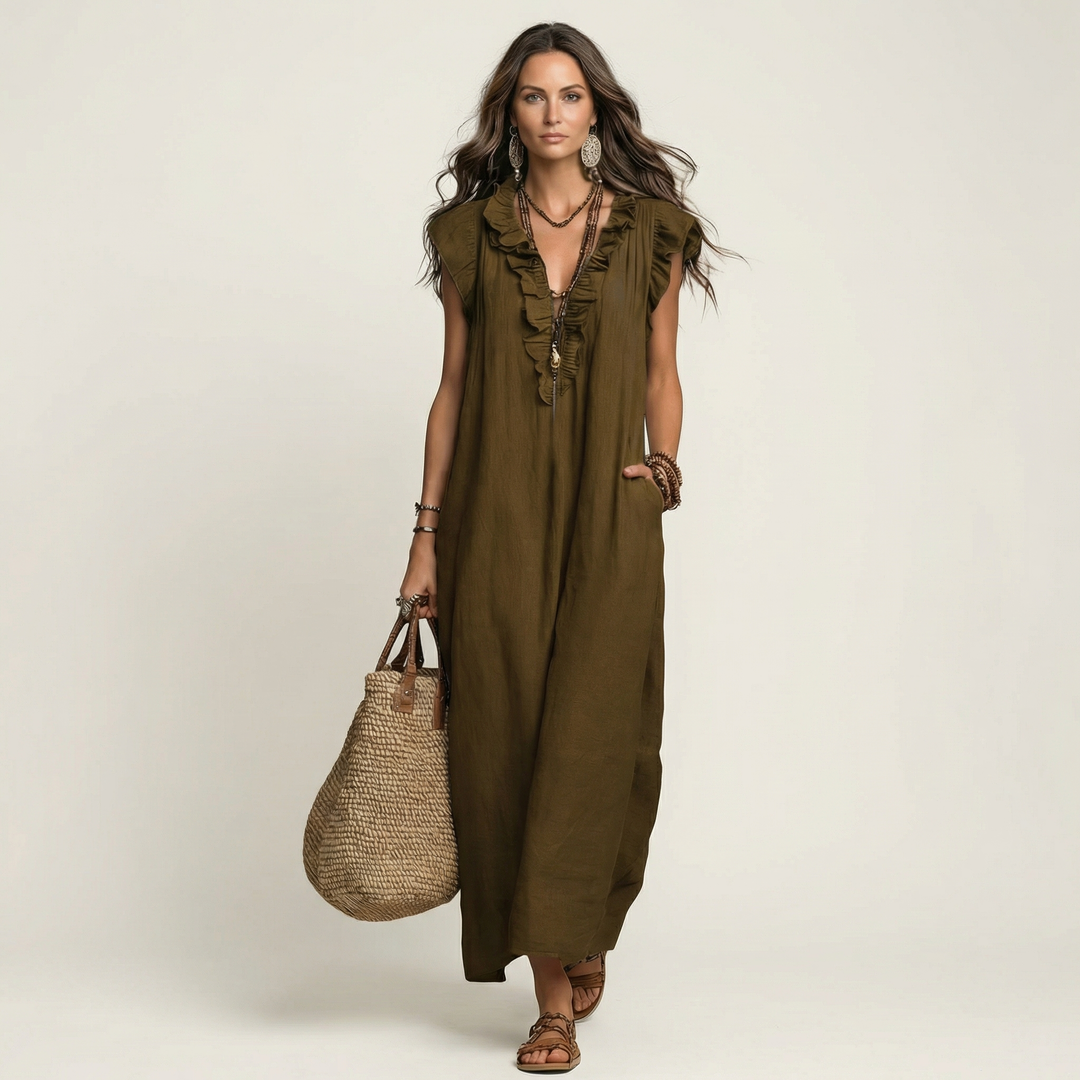Amina Ruffle V-Neck Linen Maxi Dress