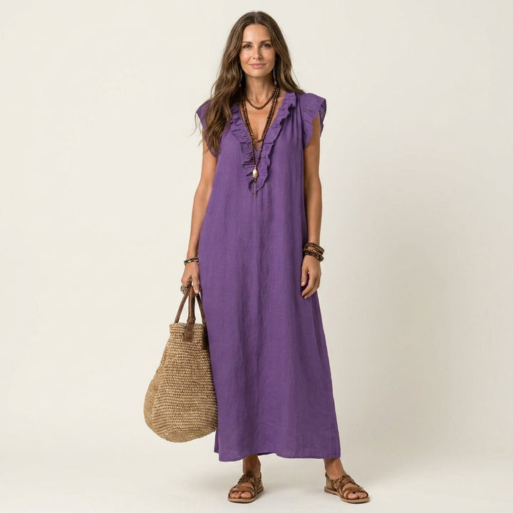 Amina Ruffle V-Neck Linen Maxi Dress