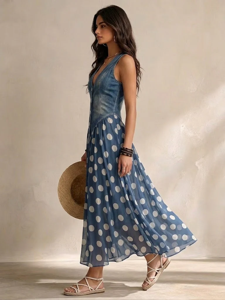 Soraya Denim &amp; Chiffon Midi Dress