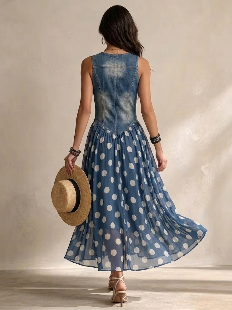 Soraya Denim &amp; Chiffon Midi Dress