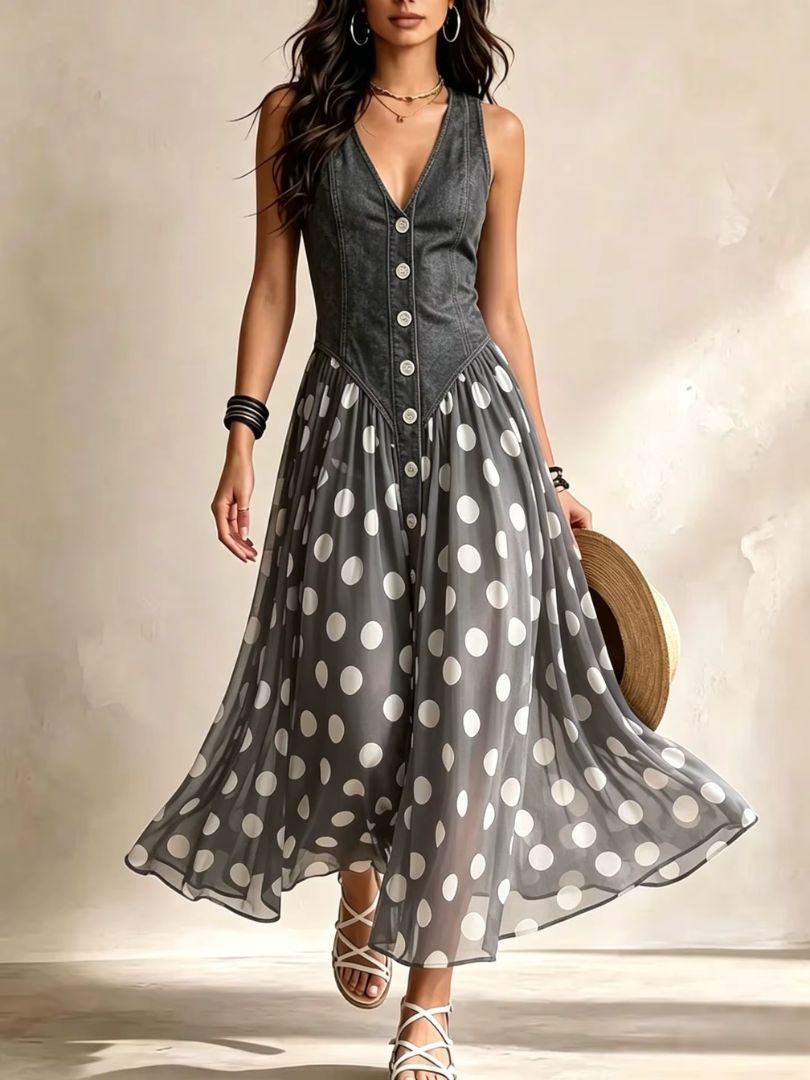Soraya Denim &amp; Chiffon Midi Dress