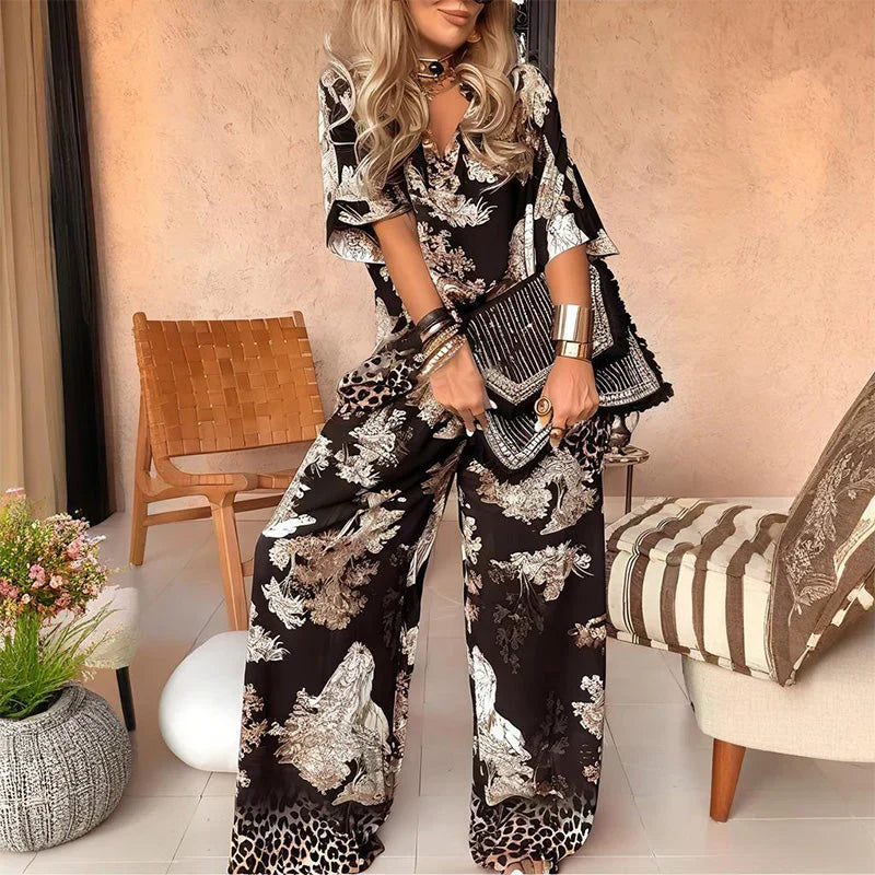 Tasha Printed V-Neck Top &amp; Long Pants Set