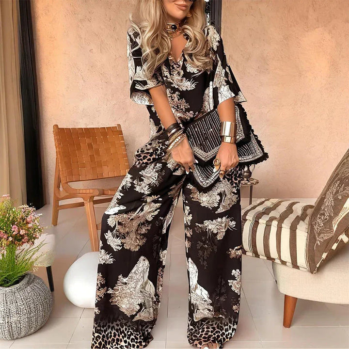 Tasha Printed V-Neck Top &amp; Long Pants Set