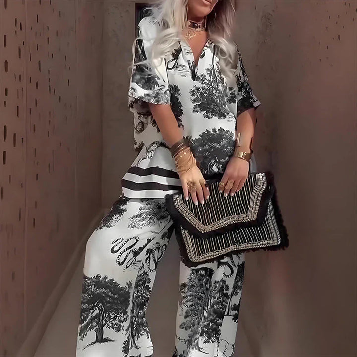 Tasha Printed V-Neck Top &amp; Long Pants Set