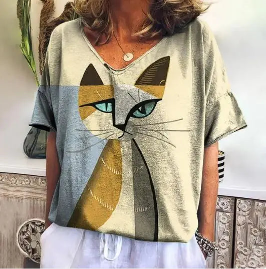 ADRIANE™ SUMMER SHORT SLEEVE SHIRT WITH KITTEN GRAPHIC